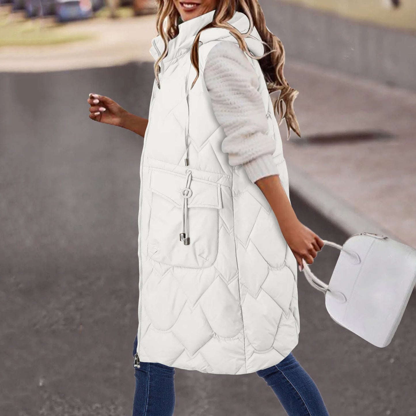 Women's Long Quilted Hooded Puffer Vest Relaxed Casual Streetwear Layering Outerwear