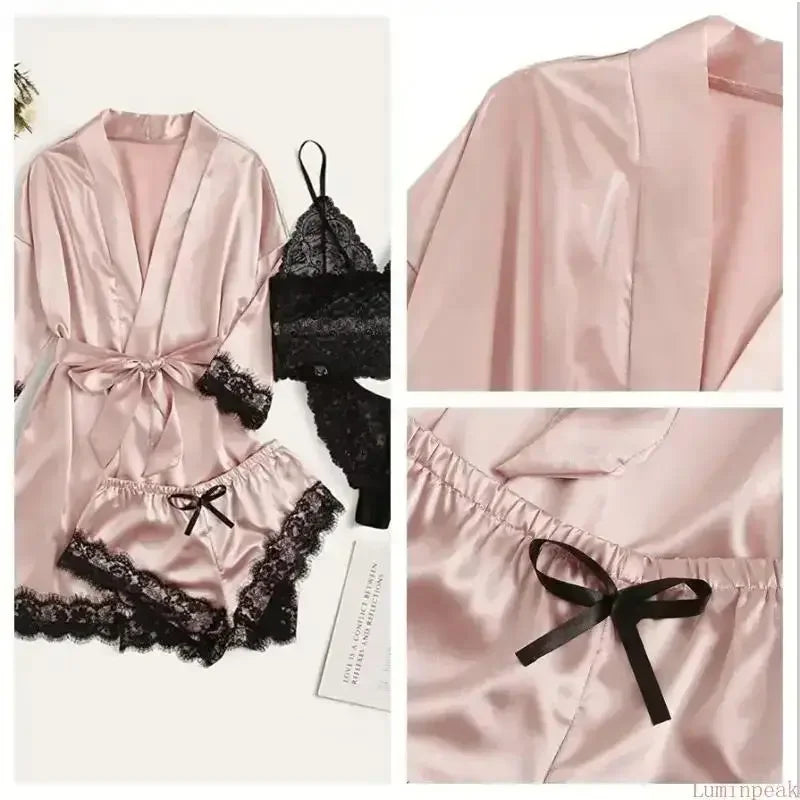 Romantic 4-Piece Satin-Finish Sleepwear Set with Bold Black Lace Trim