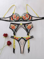 Vibrant Neon Floral Embroidery Sheer Mesh Three-Piece Lingerie Set