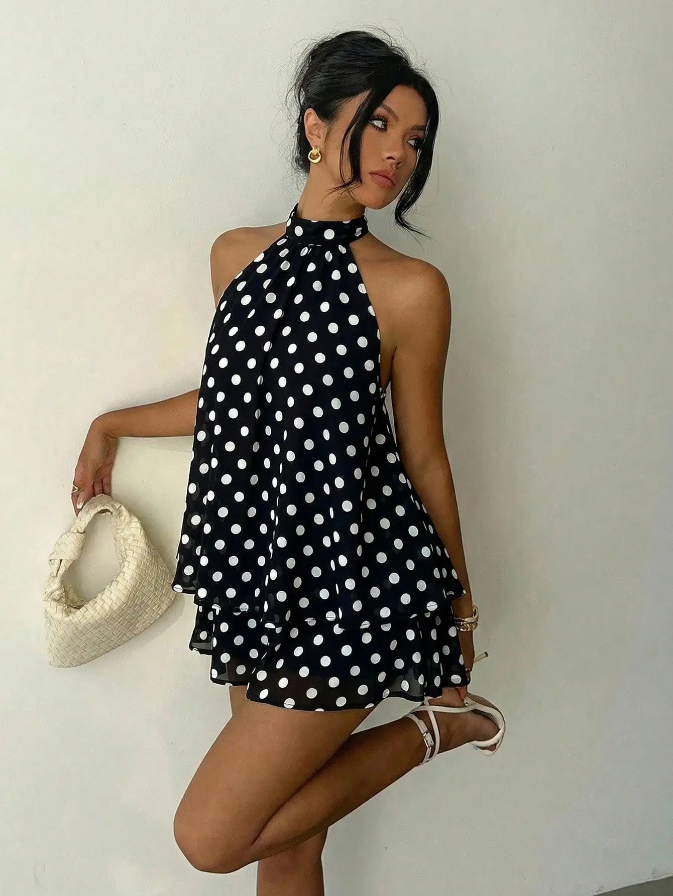 Ruched Halter Neck Tiered Mini Dress With Flowy A-Line Party Silhouette