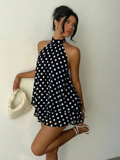 Ruched Halter Neck Tiered Mini Dress With Flowy A-Line Party Silhouette