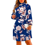 Long-Sleeve Floral Midi Dress with Mock Neckline and Gathered Cuffs