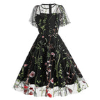Vintage Floral Gothic Midi Dress with Retro Alternative Elegance