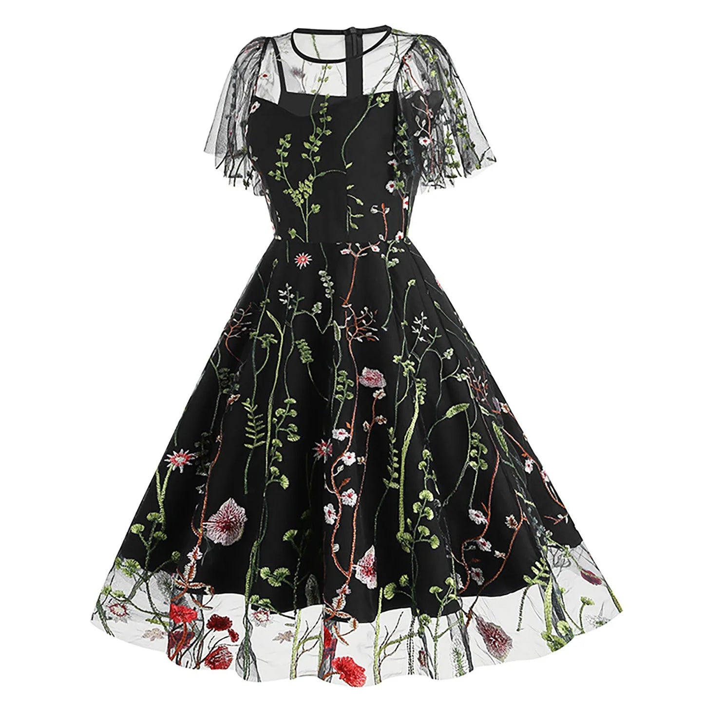 Vintage Floral Gothic Midi Dress with Retro Alternative Elegance