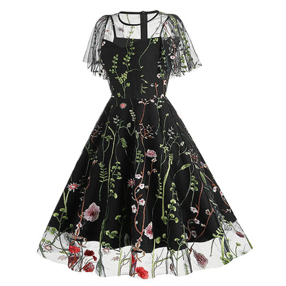 Vintage Floral Gothic Midi Dress with Retro Alternative Elegance