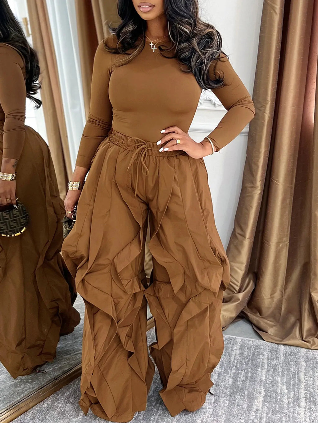 Women's High Waist Oversized Wide Leg Ruffle Detail Trousers with Drawstring Waist