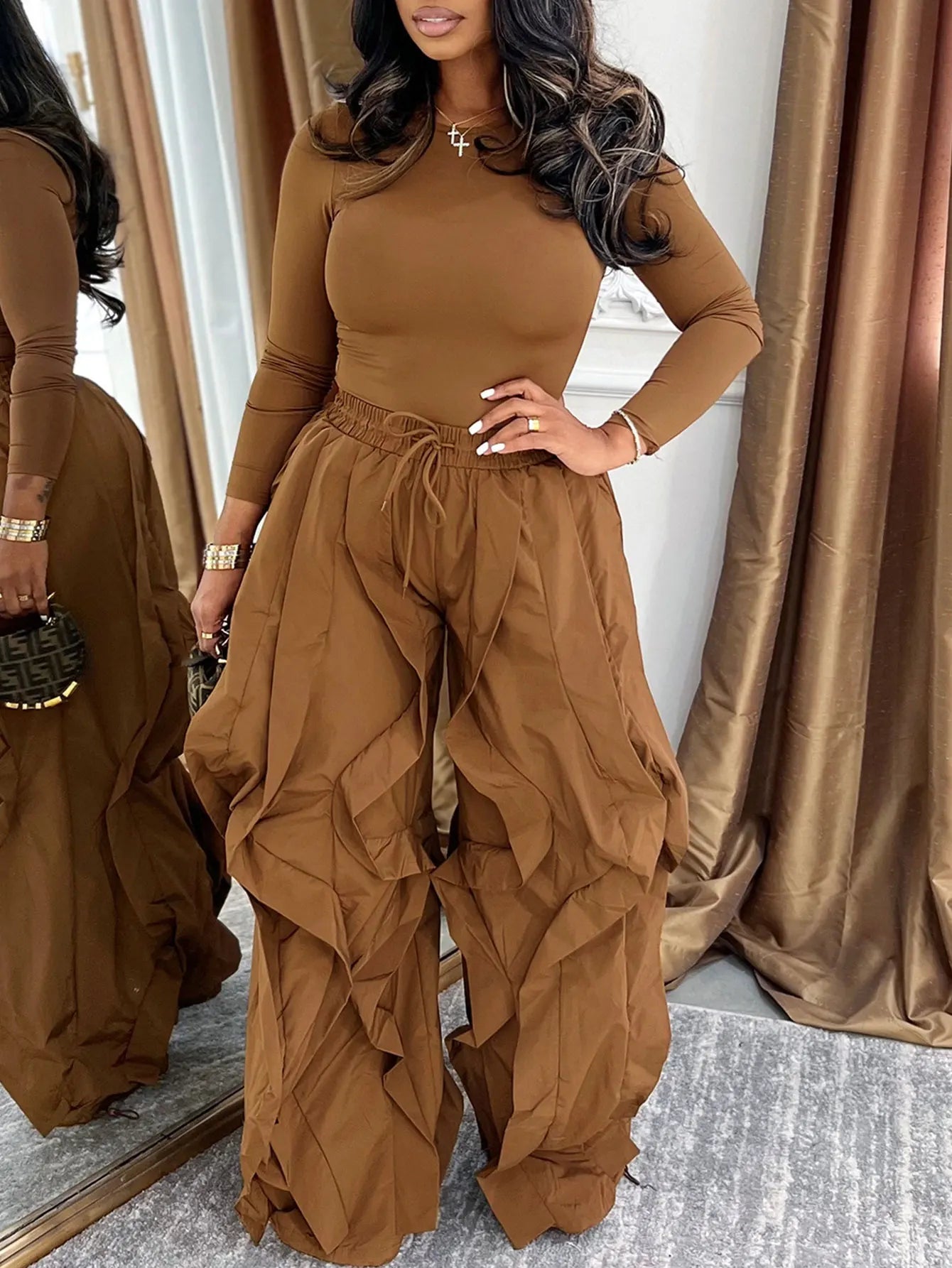 Women's High Waist Oversized Wide Leg Ruffle Detail Trousers with Drawstring Waist