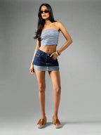 Low Rise Denim Mini Skirt with Folded Hem Pocket Detail Streetwear