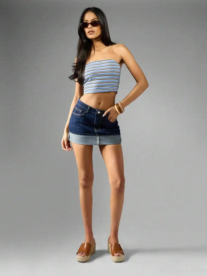 Low Rise Denim Mini Skirt with Folded Hem Pocket Detail Streetwear