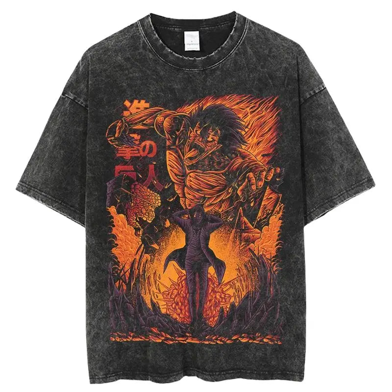 Dark Anime Flame Warrior Graphic T-Shirt with Gothic Streetwear Design