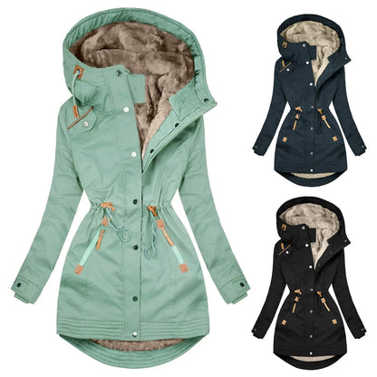 Women's Hooded Fleece-Lined Drawstring Utility Rain Jacket with Windproof Streetwear Outdoor Style