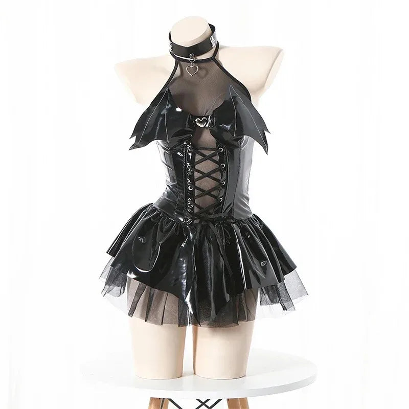 Glossy Gothic Halter Mini Dress with Lace-Up Bodice and Tulle Skirt