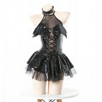 Glossy Gothic Halter Mini Dress with Lace-Up Bodice and Tulle Skirt