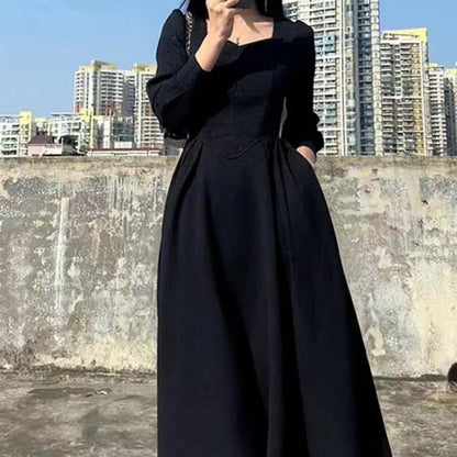 Dark Gothic A-Line Long Sleeve Alternative Fashion Midi Dress