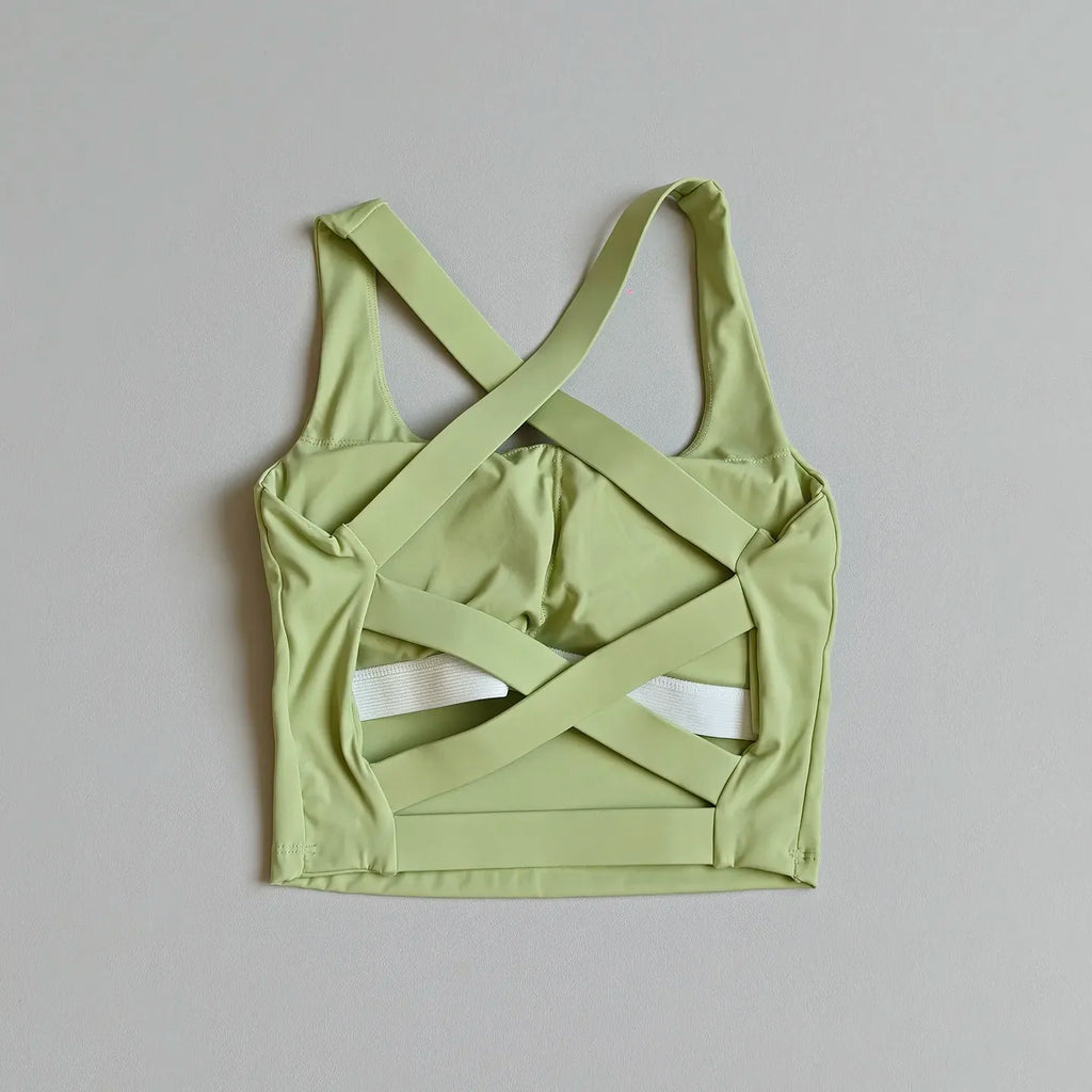 High-Coverage Sports Bra with Architectural Criss-Cross Strappy Back