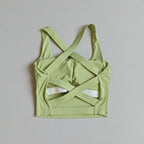 High-Coverage Sports Bra with Architectural Criss-Cross Strappy Back