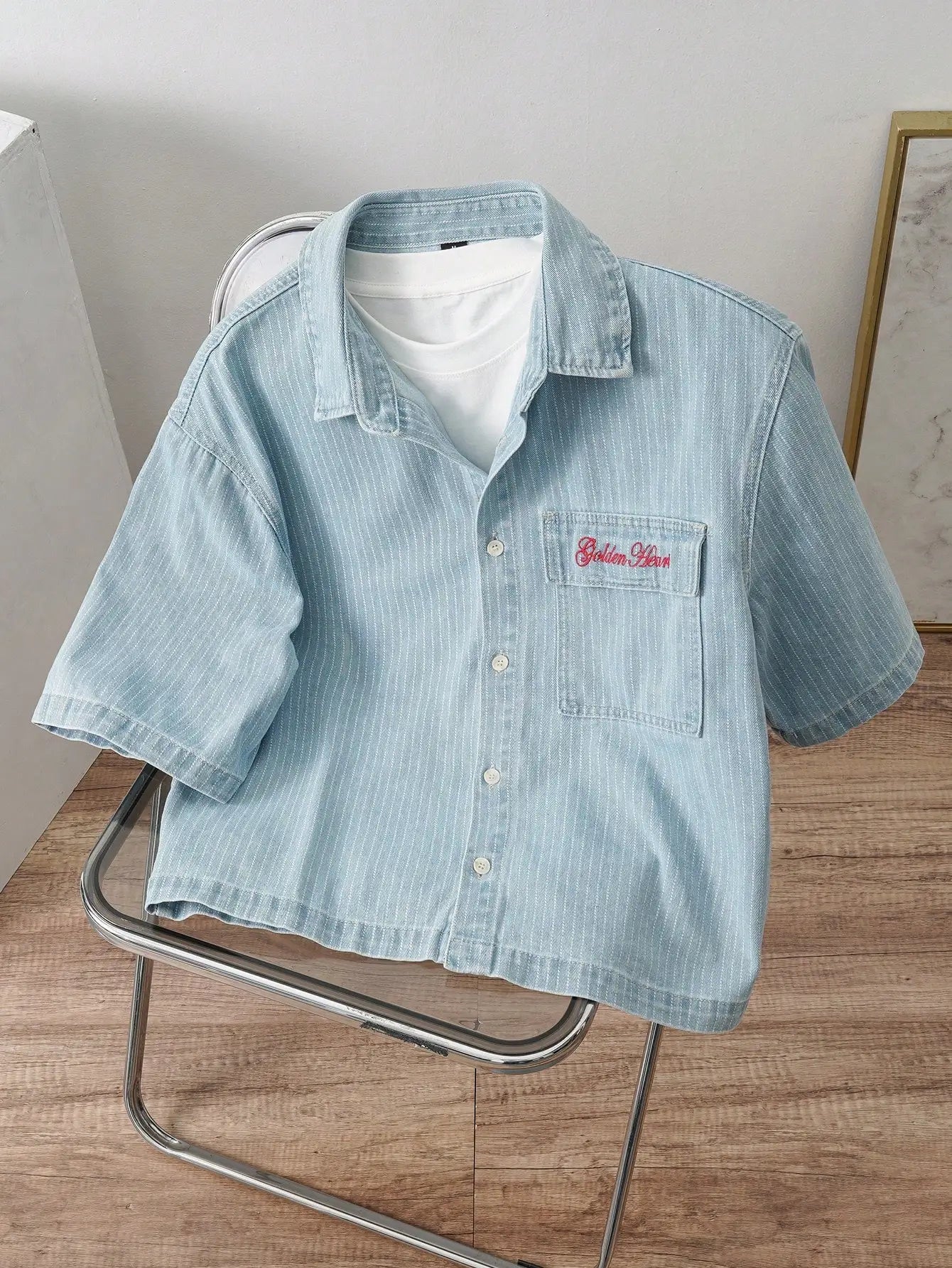 Oversized Washed Denim Button-Up Shirt Jacket with Utility Pocket Streetwear Design