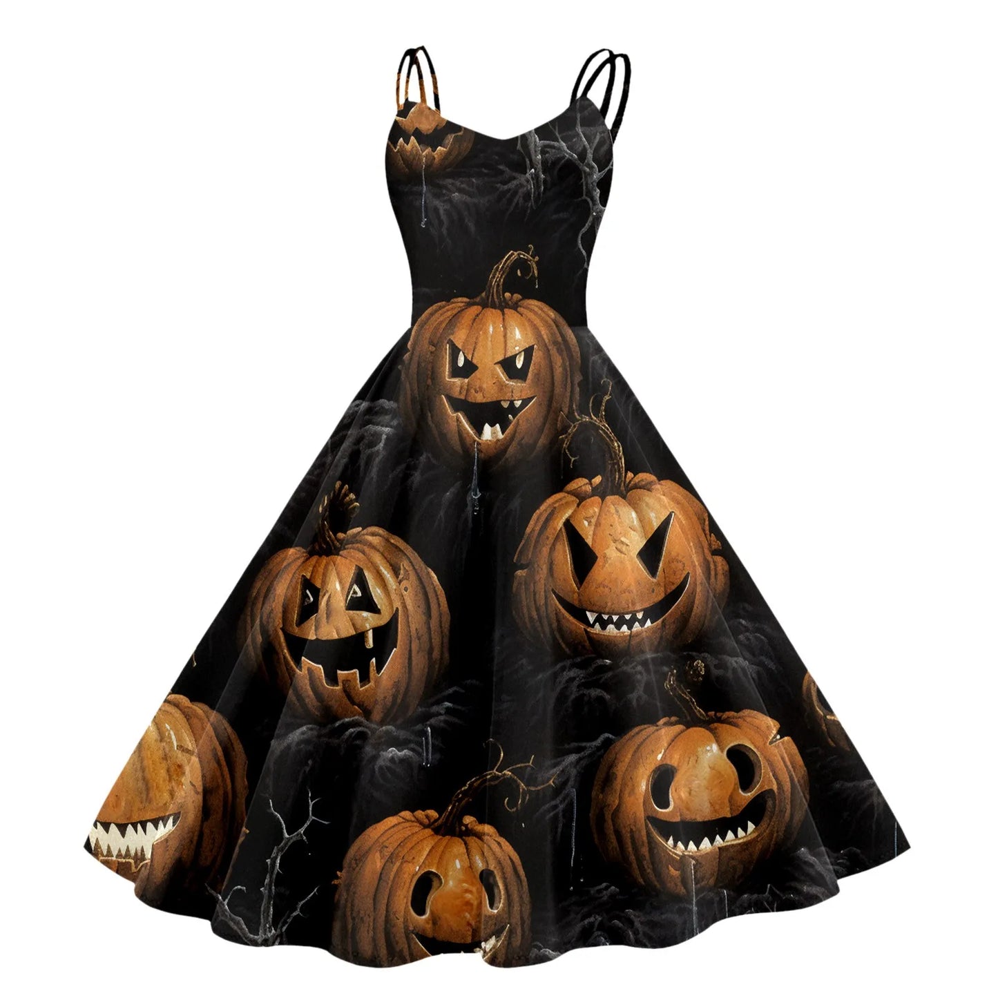 Dark Pumpkin Gothic Fit and Flare Alternative Fashion Midi Dress