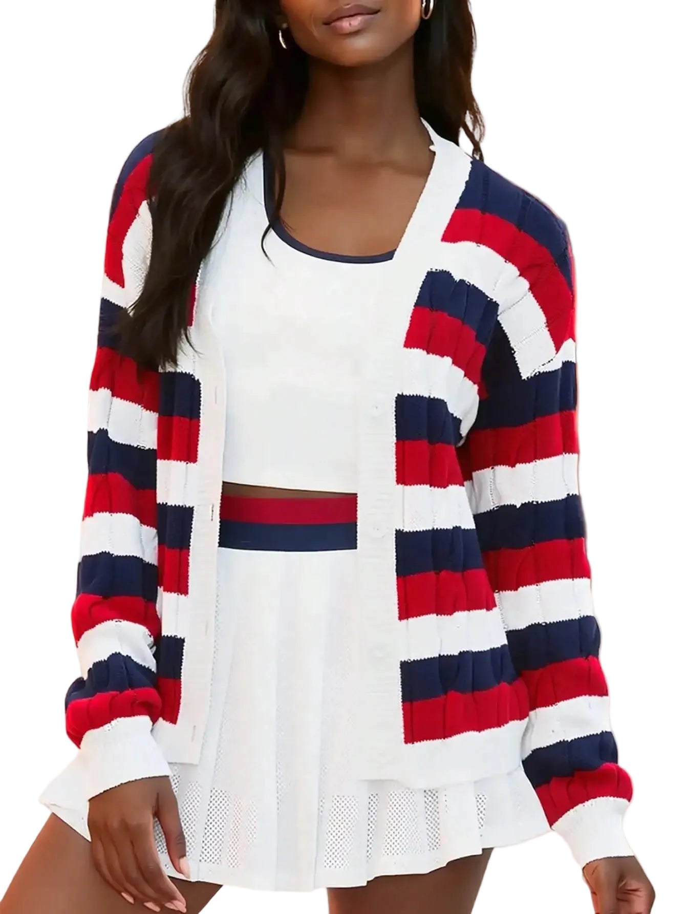 Women's Striped Open Front Knit Cardigan with Relaxed Long Sleeve Fit
