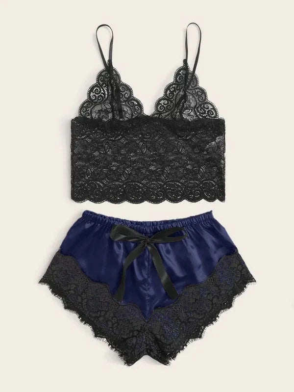 Romantic Sheer Black Lace Bralette and Blush Satin-Finish Shorts Sleep Set