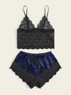 Romantic Sheer Black Lace Bralette and Blush Satin-Finish Shorts Sleep Set