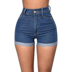 Women's High Waist Denim Shorts with Rolled Hem Slim Fit and Classic Everyday Style