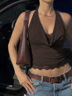 Ruched Halter Lace Crop Top with Open Back Contemporary Party Streetwear Style