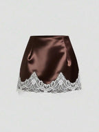 Satin Lace Trim Mini Skirt with Sleek Fitted Contemporary Silhouette