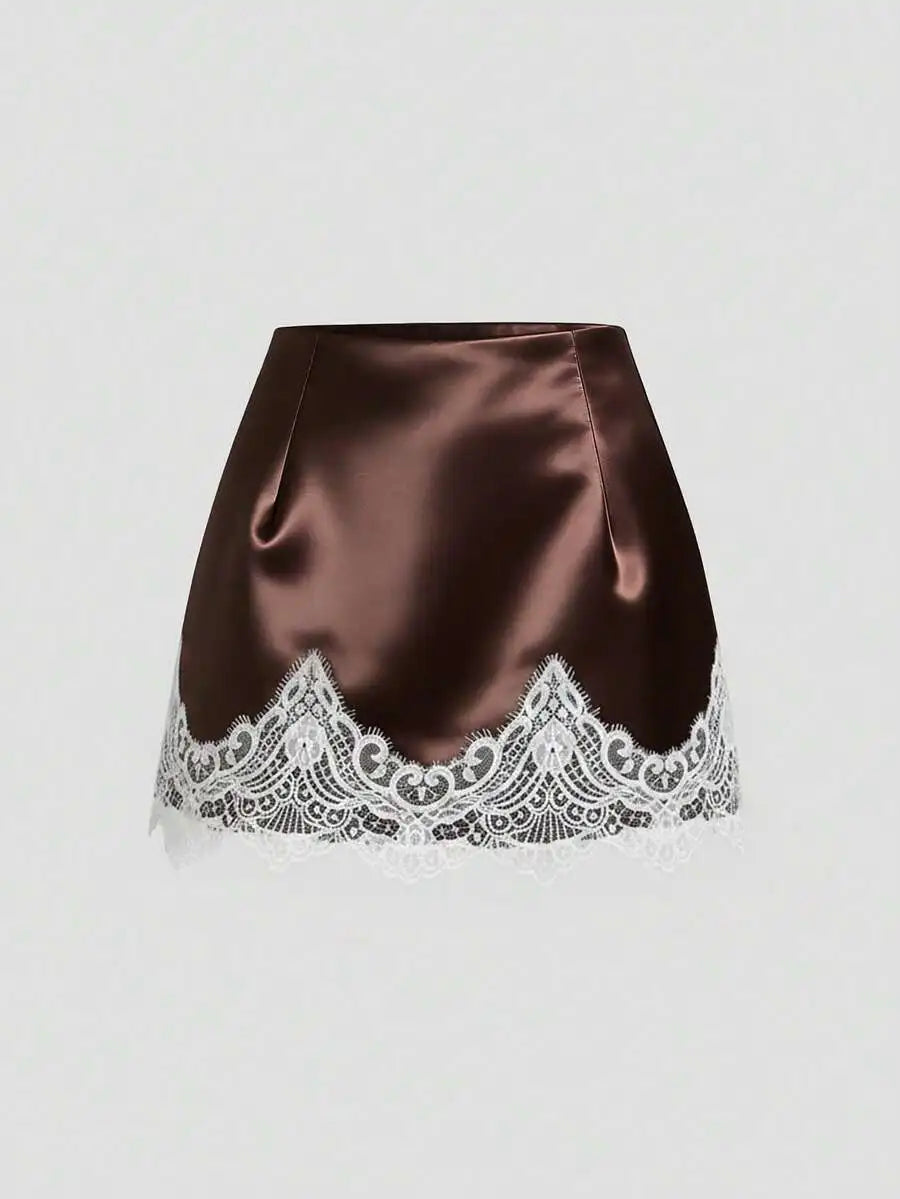 Satin Lace Trim Mini Skirt with Sleek Fitted Contemporary Silhouette