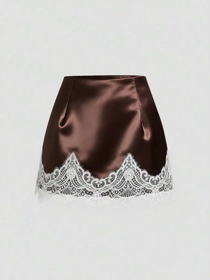 Satin Lace Trim Mini Skirt with Sleek Fitted Contemporary Silhouette