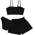Girls' Three-Piece Ruffle Swimwear Set with Solid-Color Two-Piece Base and Coordinating Beach Cover-Up