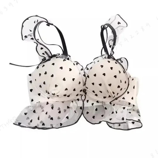 Playful Heart Print Ruched Bralette Set with Black Lace Trim