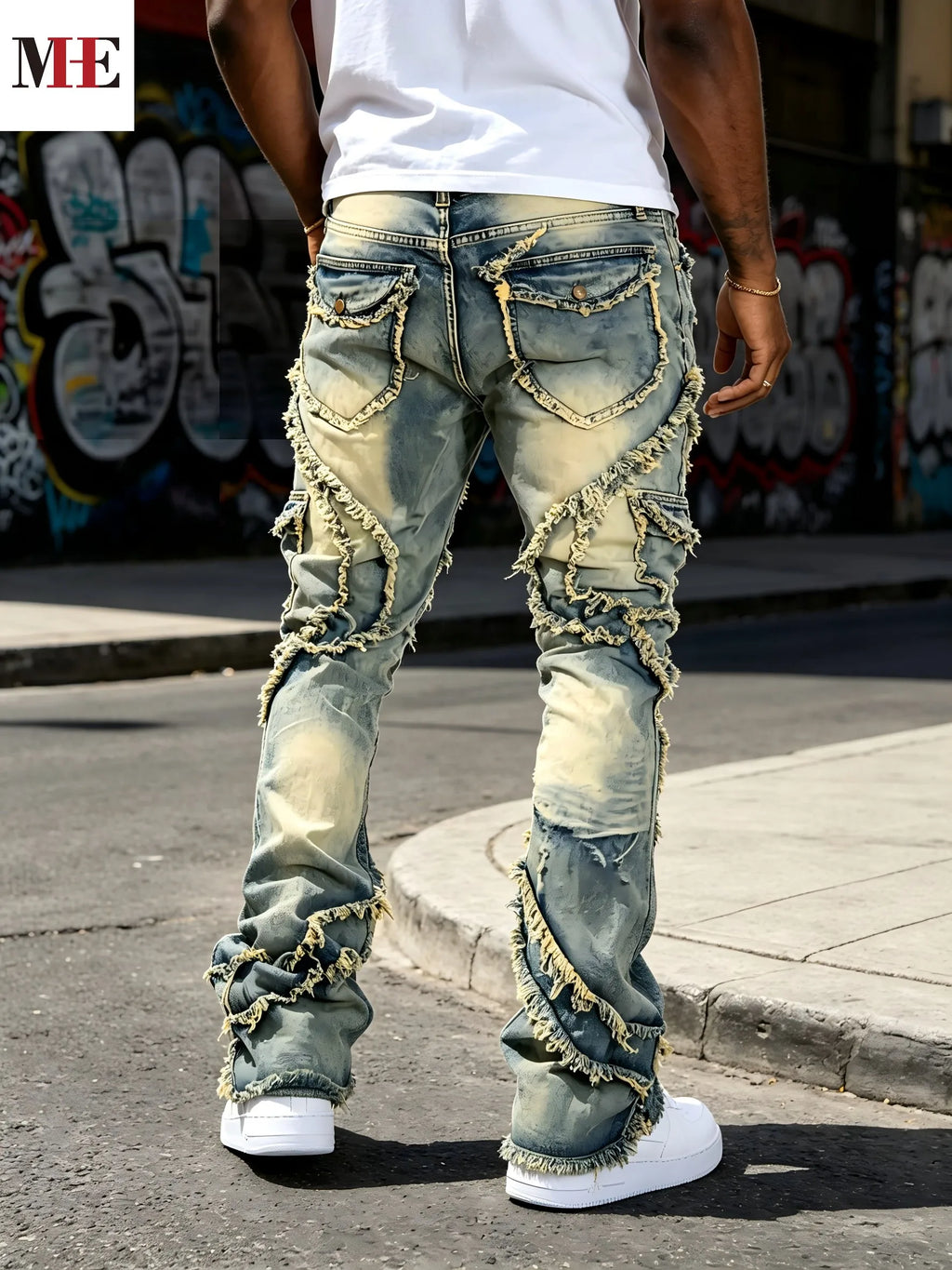 Men's Vintage Distressed Flared Denim Jeans with Frayed Layered Detail and Relaxed Fit