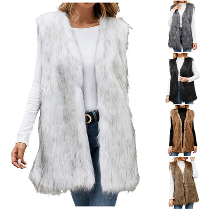 Women's Mid-Length Faux Fur Open Front Vest Cozy Casual Layering Outerwear Jacket