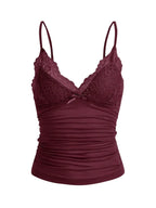 Lace Trim Bow Front Crop Cami with Ruched Slim Fit Streetwear Style