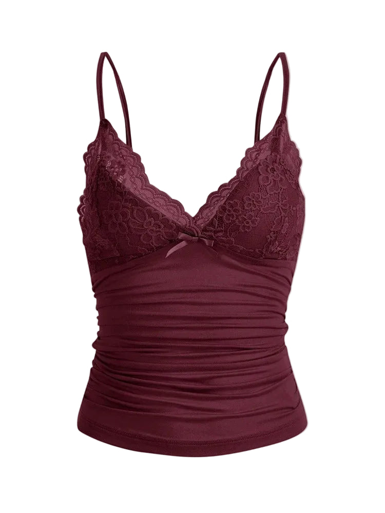 Lace Trim Bow Front Crop Cami with Ruched Slim Fit Streetwear Style