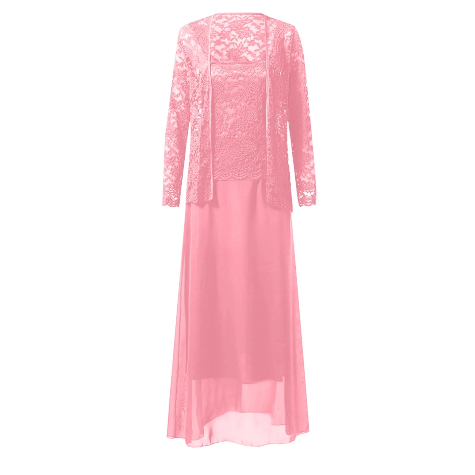 Chiffon Panel Maxi Dress with Lace Details and Long Sleeves