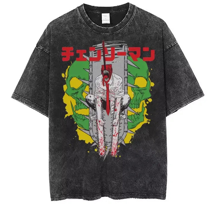 Edgy Anime Horror Streetwear Oversized Washed Cotton Graphic T-Shirt Design