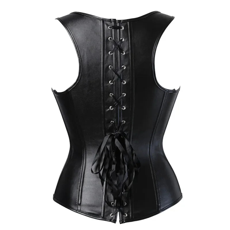 Faux Leather Buckle Front Corset Vest with Structured Boning and Straps