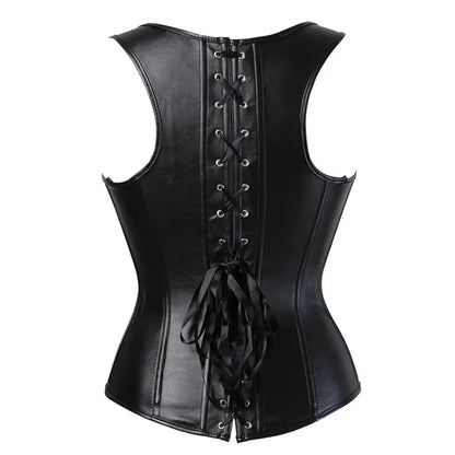 Faux Leather Buckle Front Corset Vest with Structured Boning and Straps