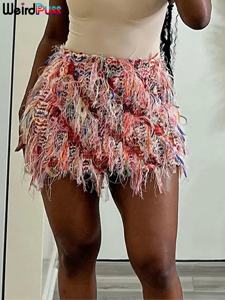 Textured Fringe Mini Skirt with Layered Tassel Festival Fashion Design