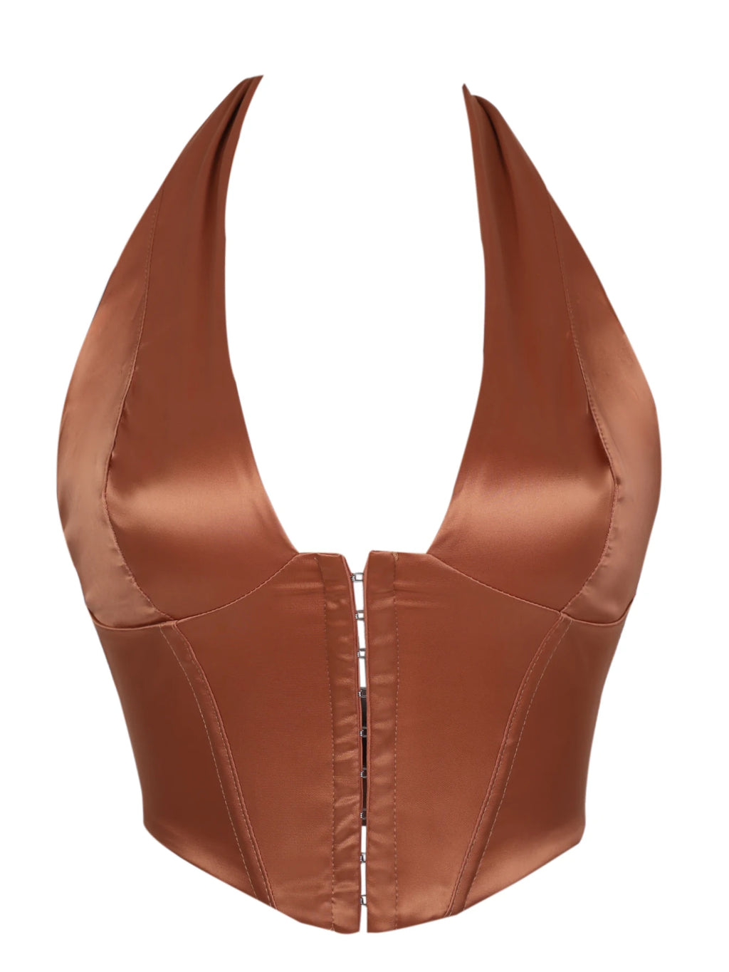 Sleek Black Satin Halter Bustier with Deep V-Neckline and Front Hook Closure