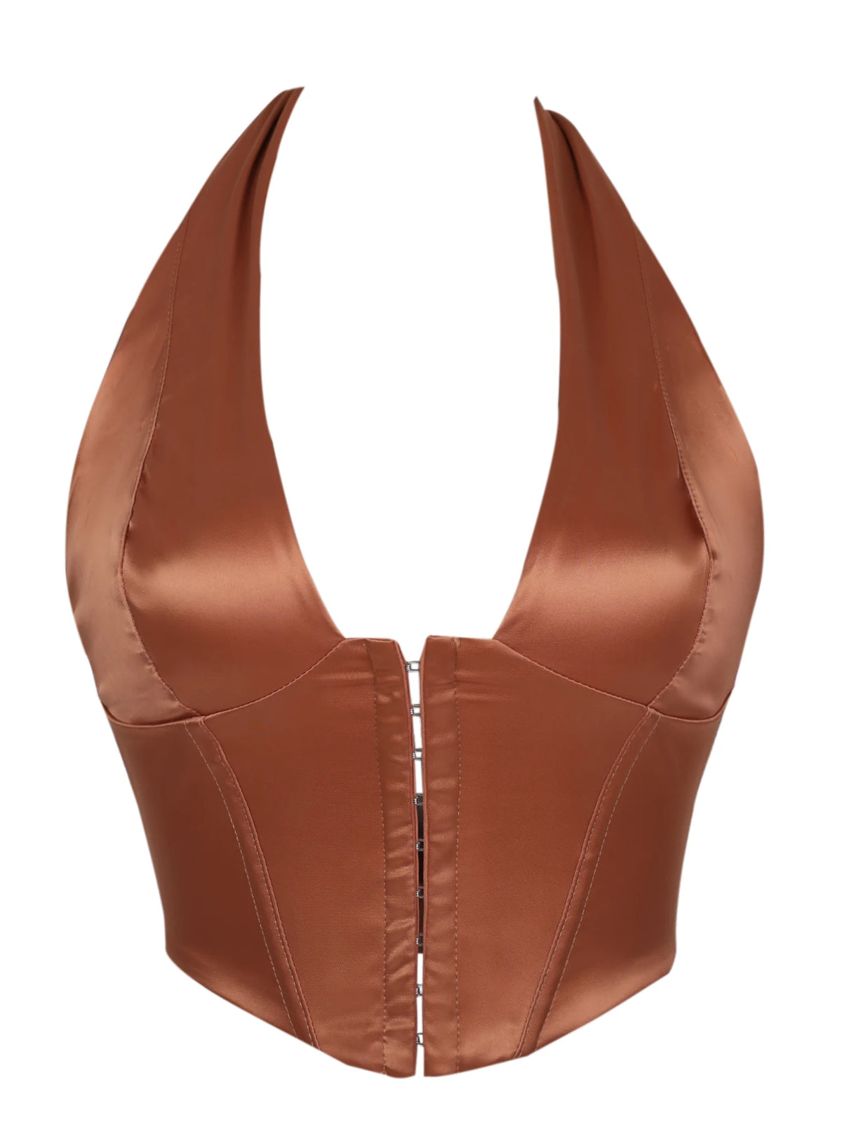 Sleek Black Satin Halter Bustier with Deep V-Neckline and Front Hook Closure