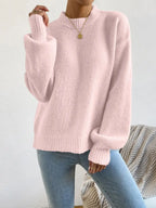 Women's Mock Neck Drop Shoulder Knit Sweater with Relaxed Oversized Silhouette