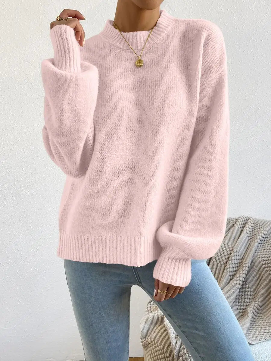 Women's Mock Neck Drop Shoulder Knit Sweater with Relaxed Oversized Silhouette