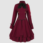 Vintage-Inspired Blue Victorian Coat Dress with Red Shoulder Cording and Bow Collar