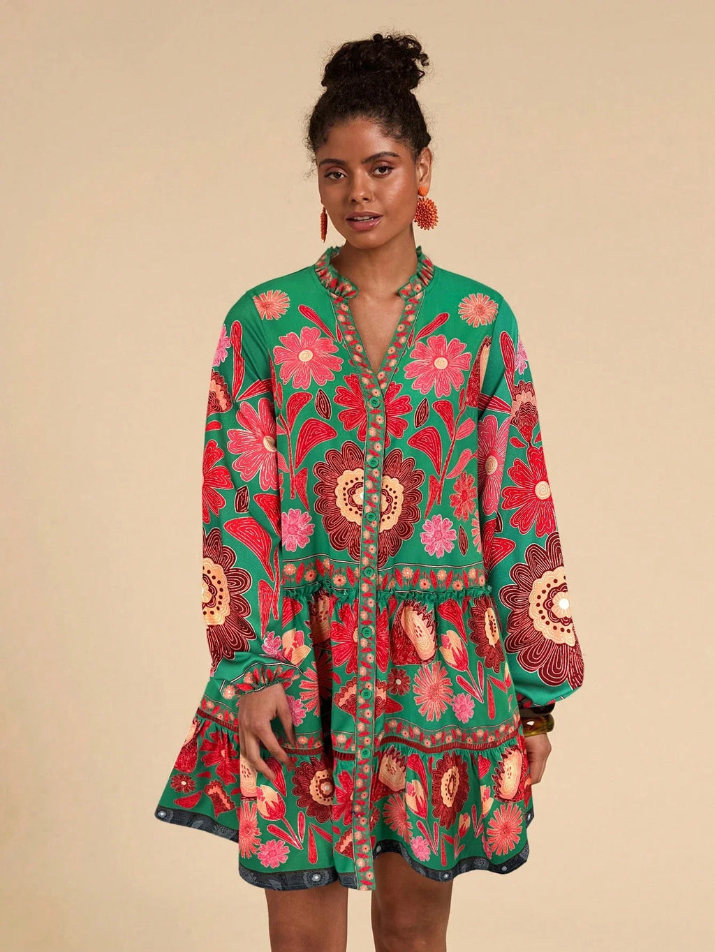 Bohemian Floral Print Lantern Sleeve Smock Mini Dress With Relaxed A-Line Silhouette