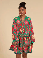 Bohemian Floral Print Lantern Sleeve Smock Mini Dress With Relaxed A-Line Silhouette