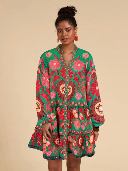 Bohemian Floral Print Lantern Sleeve Smock Mini Dress With Relaxed A-Line Silhouette