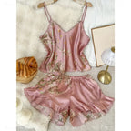 Women's Cherry-Inspired Print Cami Pajama Set with Ruffle Trim, V-Neck Spaghetti-Strap Top and Matching Shorts, Cute Loungewear